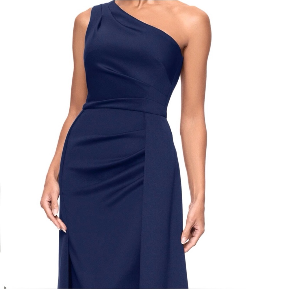 Xscape One Shoulder Scuba Crepe Evening Gown Blue Cocktail Dress Size 10 - Picture 5 of 7